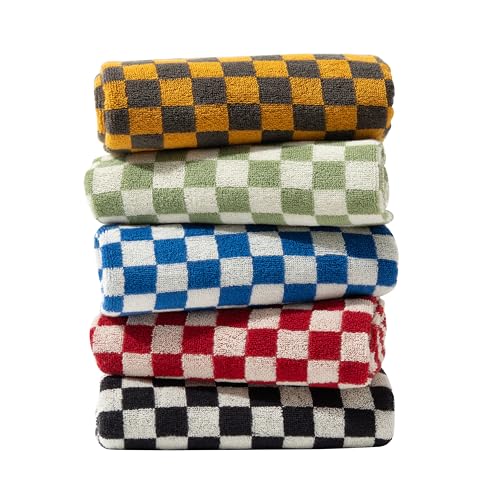 Madi-Cadi Hand Towels 5 Pack, Cotton Face Towels Soft, Absorbent, and Decorative Checkered Design for Bathroom, Kitchen, Gym, and Spa, 13 x 29 Inches, 5 Colors (5 Colors)