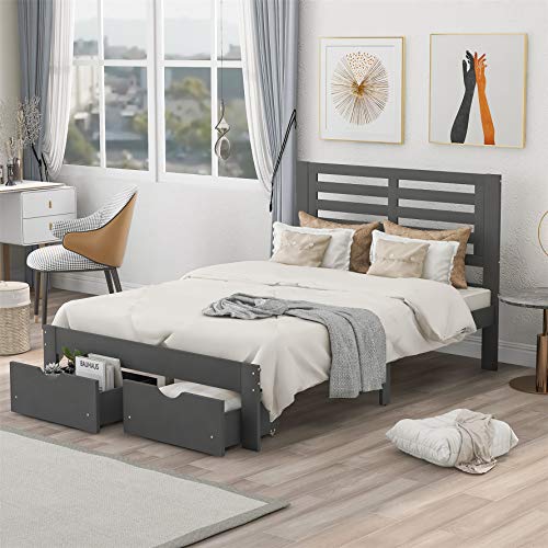 Merax Full Size Bed Frame with Drawers ,Full Size Platform Bed Frame,Wood Bed Frame Full with Headboard for Boys, Girls, Kids, Teens and Adults ,No Box Spring Needed,Grey