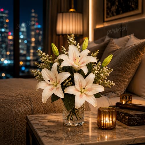 Image of Divyakosh Artificial Flowers Bunch (Vase Not Included). Artificial Flower for Vase Flower Bouquet Gift White Lily Arrangement for Living Room, Dining Table Office Decor