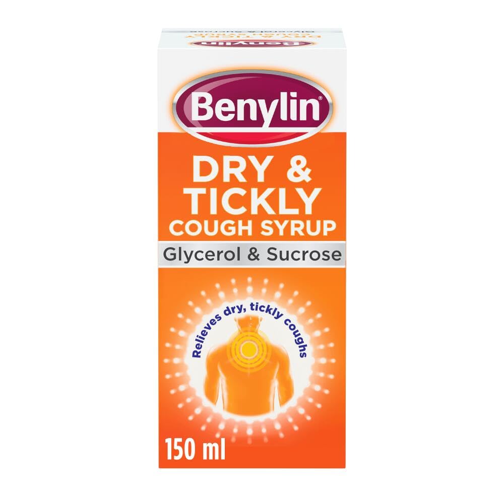 Benylin Dry and Tickly Cough Syrup (1x 150ml), Cough Medicine for Adults and Children, Glycerol and Sucrose Soothing Syrup Relieves Irritated and Sore Throat