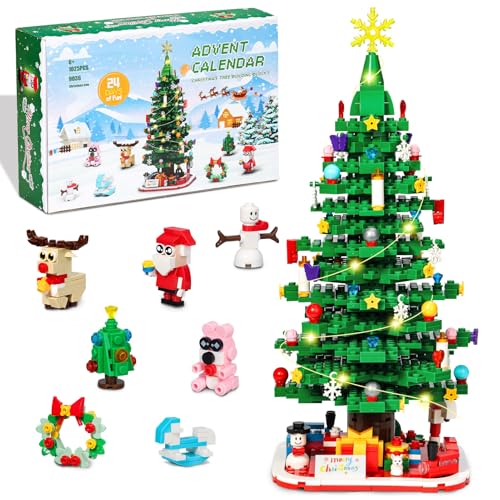 Advent Calendar 2024 Christmas Tree Building Set with LED Lights, 24 Days Christmas Countdown Calendar Toy Building Blocks Kit for Adult Teens Boys Kids 6+ (1025 Pieces)