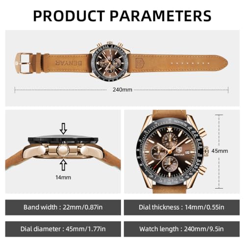 Image of BENYAR Mens Watches Quartz Movement Chronograph Leather Strap Fashion Business Sport Design 30M Waterproof Scratch Resistant Elegant Gifts for Men