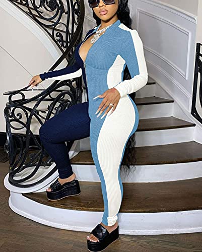 Mrskoala Women's Sexy V Neck Comfy Party Jumpsuit Long Sleeve Bodycon One Piece Long Pant Jumpsuit Romper Clubwear Blue L #TOP3