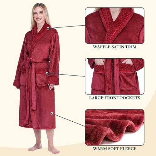 Image of PAVILIA Women's Plush Fleece Robe, Soft Cozy Long Bathrobe with Satin Waffle Trim, Warm Lightweight, Pockets & Tie Belt