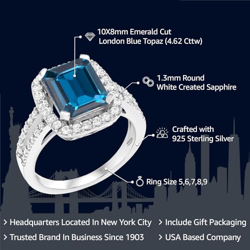 Gem Stone King 4.62 Cttw London Blue Topaz Ring | Emerald Cut 10X8MM Engagement Ring For Women | 925 Sterling Silver | Gemstone Birthstone | Available In Size 5, 6, 7, 8, 92