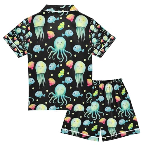 senya Watercolor Octopus Jellyfish Satin Summer Pajama Sets Silk Short Sleeve Button Down Sleepwear2
