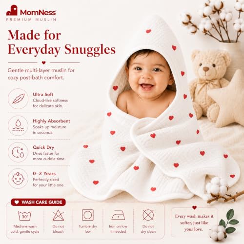 Image of Baby Hooded Bath Towel 100% Cotton Muslin 76x76 cm, 0-3Y, Newborn | 4-Layer Crinkle Fabric, Ultra Absorbent, For Ages 0-3 Years, Unisex