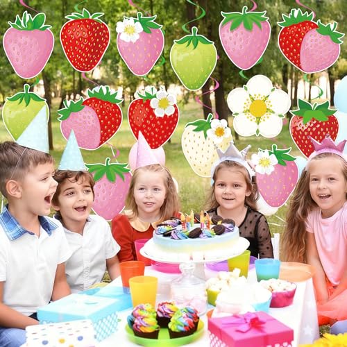 Image of 40Pcs Strawberry Hanging Swirls Decorations, Sweet Strawberry Party Ceiling Hanging Swirls Streamers for Berry First Birthday Baby Shower Party Decor Supplies