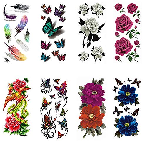 Temporary Tattoos Stickers 8 Sheets, Fake Body Arm Chest Shoulder Tattoos for Women/Girls