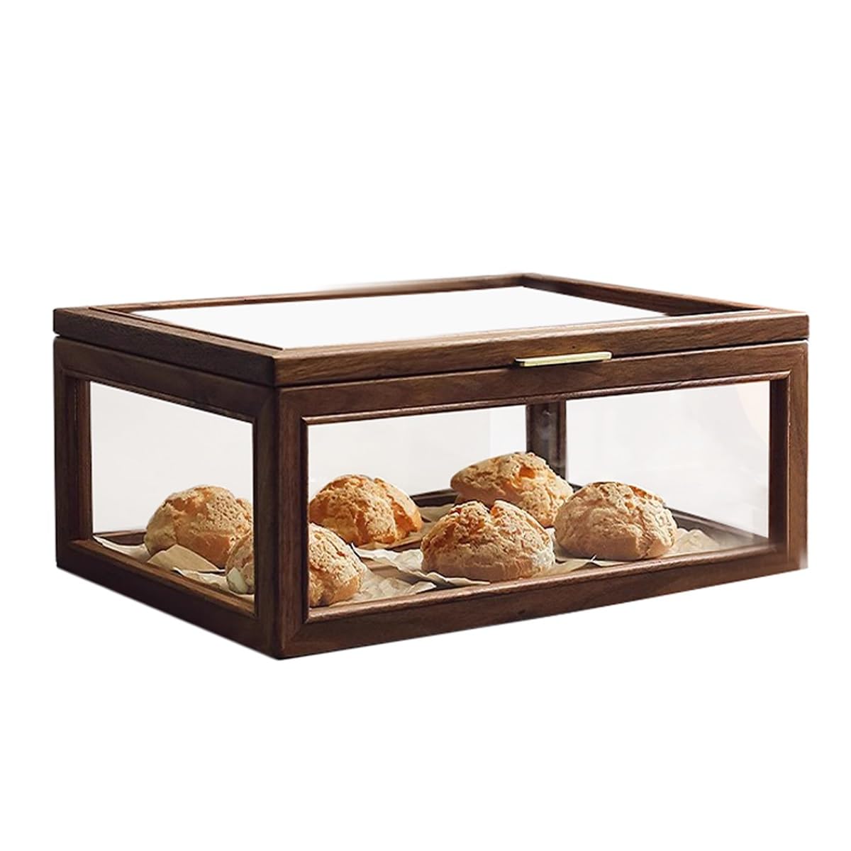 Vitrina de Madera Vintage para Pasteles y Galletas, Ideal para la encimera de la Cocina. Caja de Cristal Transparente para Guardar Galletas, Cupcakes, Magdalenas y Bagels caseros (marrón).