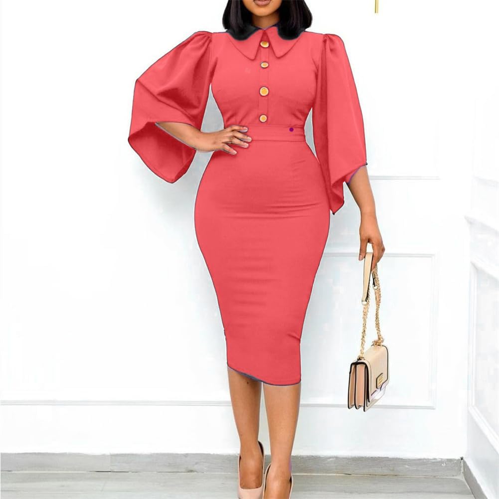 Solid Color Temperament Commuter Professional Button Flare Sleeve Tight Wrap Hip Dress