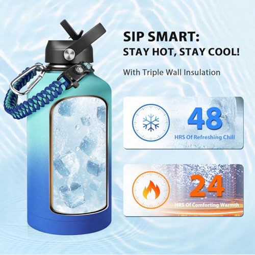 Image of One Gallon Insulated Water Bottle, Triple Wall 128 oz Stainless Steel Wide Mouth Water Bottles (Cold for 48 Hrs), Leak Proof, Non-BPA, Large Water Flask Jug with Paracord Handle & Straw Spout Lids