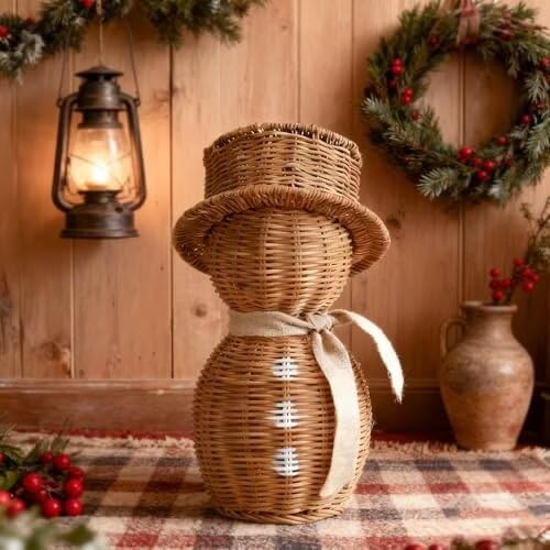 Bonhomme de neige en rotin pour déco de table de Noël rustique