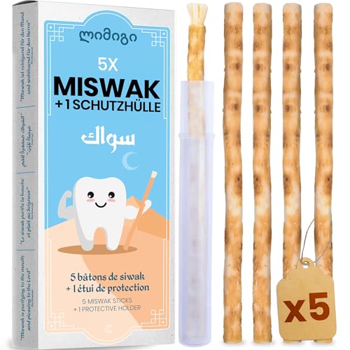 MODOGO Miswak Siwak Zahnbürste x5 mit Etui - Natürliche Zahnpflege mit Miswak-Stick - Bio Zahnholz für gesunde Zähne - Traditionelle Zahnreinigung für Mensch & Umwelt - Frisch verpackt