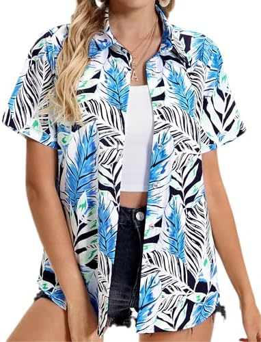 Womens Hawaiian Shirt Soft Cool Summer Hawaii Shirts Floral Tropic Print V Neck T-Shirt Short Sleeve Button Up Tops