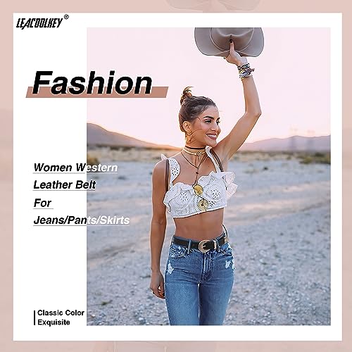 LEACOOLKEY Western Leather Belt for Women Vintage Design Buckle Waist Belt for Jeans Dress3