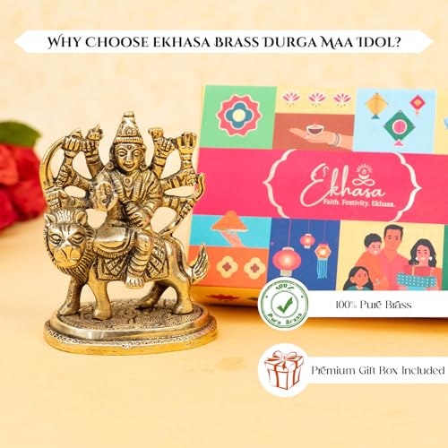 Image of Ekhasa 100% Pure Brass Durga Maa Idol with Gift Box | MATA Rani Murti Sherawali Goddess Statue for Pooja Room Home Decor Office Desk | Religious Housewarming Griha Pravesh Wedding Gift
