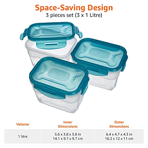 Amazon Basics Gefrierbehälter im Set, mit Deckel, luftdicht, auslaufsicher, stapelbar, für Kühlschrank/Gefriertruhe, BPA-frei, Kunststoff, mikrowellen- und spülmaschinenfest, 3 x 1 liter, farblos