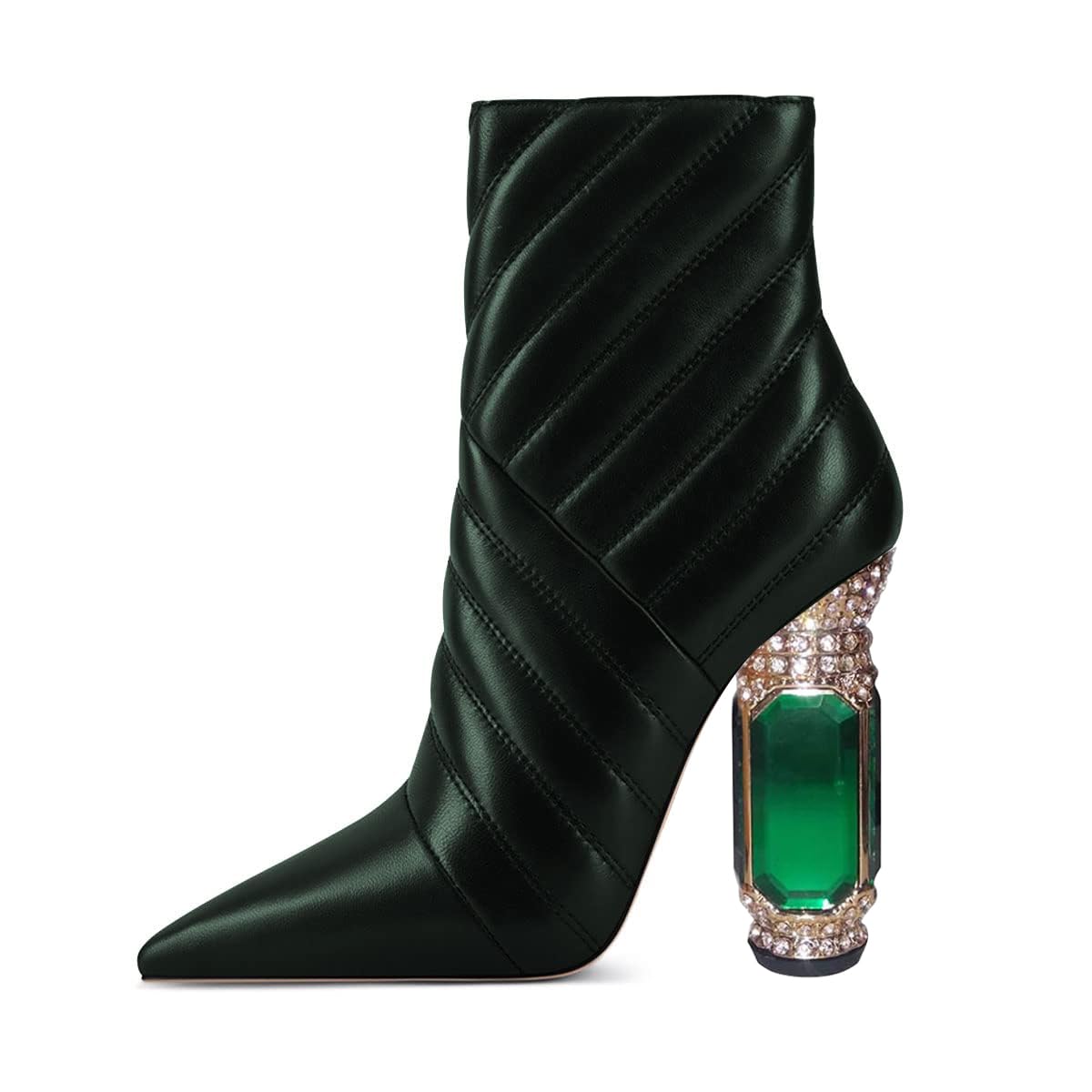 FSJ Women Sparkly Crystal Block High Heel Pointed Toe Ankle Boot Side Zipper Wedding Party Banquet Dress Shoes Size 4-15 US