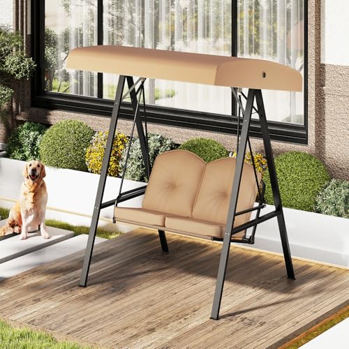 Image of HAPPYGRILL 2-Person Porch Swing, Outdoor Loveseat Swing with Adjustable Canopy & Heavy-Duty Metal Frame, Cushioned Swing with Stand for Porch, Backyard, Garden (Beige)