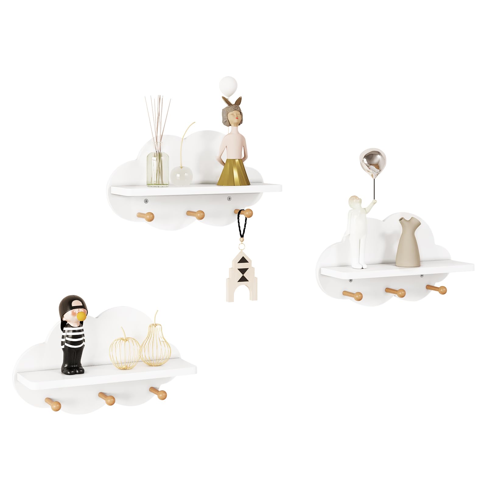 WOLTU 3er Set Wolkenregal, Kinder Garderobenhaken, Wandregal mit Haken, Hängeregal, Schweberegal weiß, schwebendes Regal für Kinderzimmer, Wanddeko, 36x12x20,5 cm