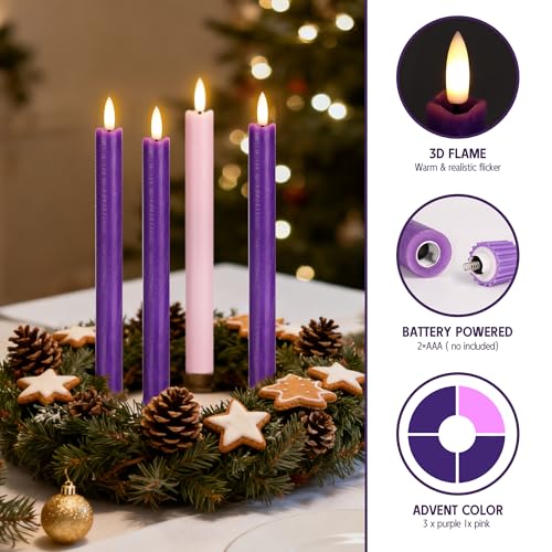 Image of Flameless Taper Candles with Rmote, 9.6 inch Real Wax Flameless Advent Candles, Battery Operated Purple and Pink Christmas Candlesticks for Wreath, Christ, Home, Church, Catholic Decoration