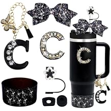 7PCS Black Stanley Cup Accessories Set For Stanley Cup 30oz 40oz,Including diamond Straw Topper,Letter Charm,Bling Bow,Initials Sticker,Spill Proof Stopper,Silicone BootBlack C
