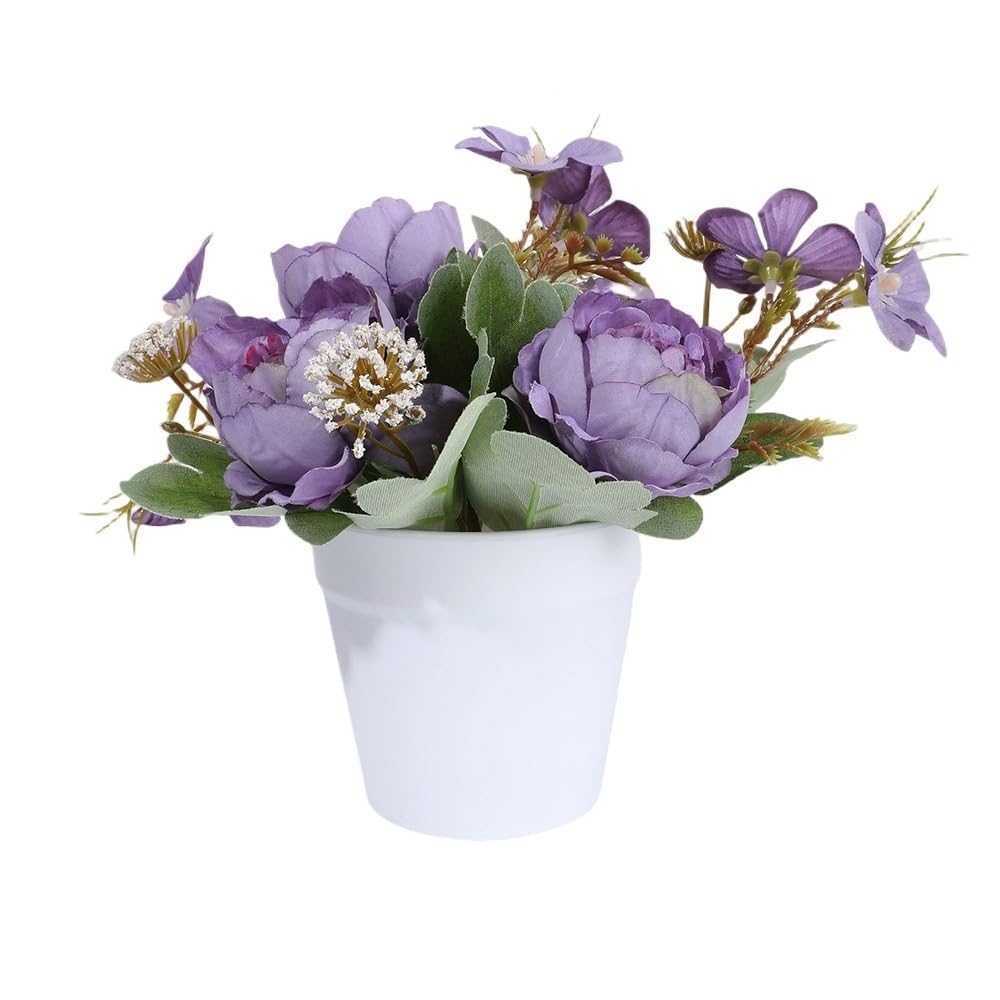 Huffa Deeppurple Simulated Peony Flower Arrangement - Realistic Plastic Potted Decor For Home And Dining Table, Indoor & Outdoor Use(Deeppurple)