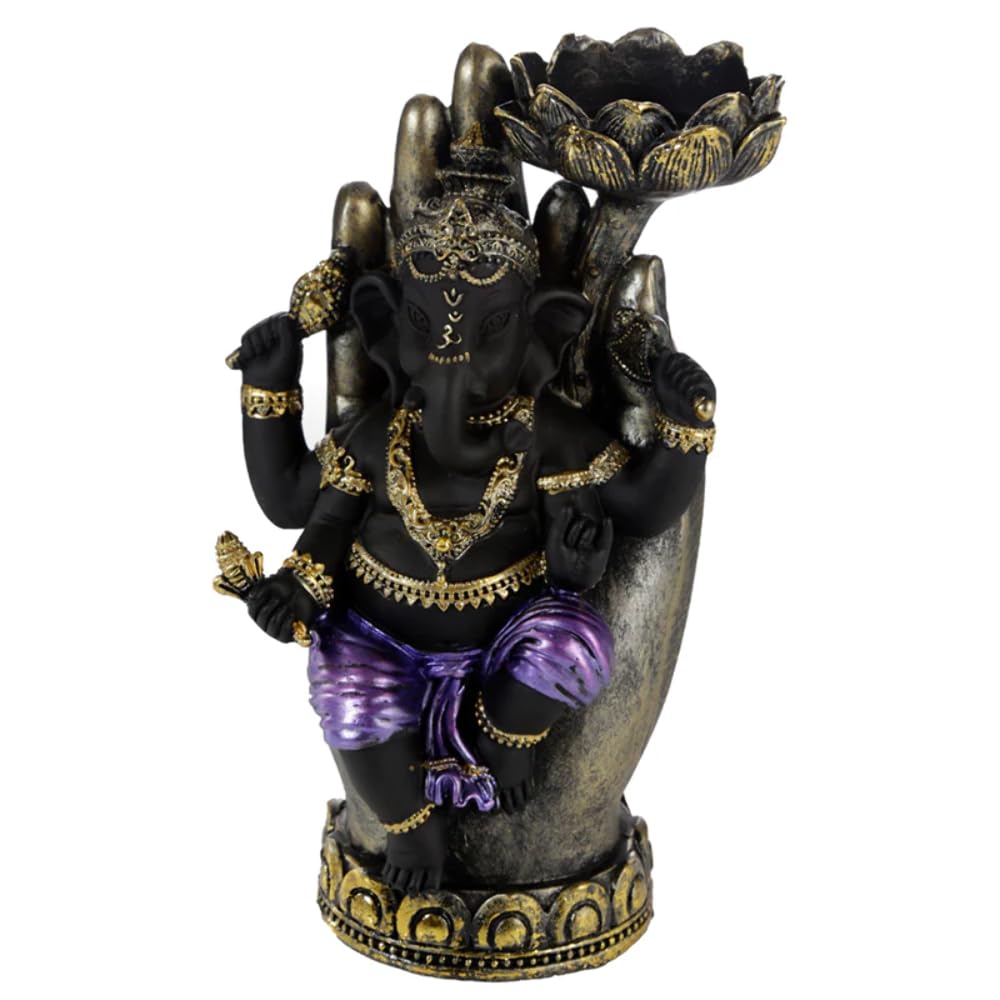 Buddha Elephant In Hand Meditating Ganesh Ornament Purple Gold Candle Holder