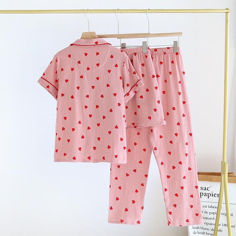 Image of codcm Womens 3pcs Cotton Pajamas Set Short Sleeve Sleepwear Fruit Print Cute Pj Set with Long Pants