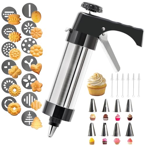 Spritz Cookie Press Gun Kit,Churro Maker Machine, Cookie Press Gun Set,13 Cookie Discs+8 Icing Nozzles Perfect for DIY Christmas Cookies and Decorating Cookies,Gifts for Wome（black)