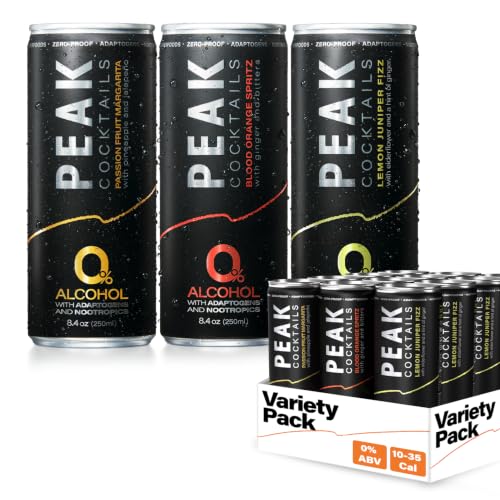 Image of Peak Cocktails Non Alcoholic Drinks, Calming Adaptogen, Variety 12 Pack | Calming, ashwagandha, tart cherry, L-theanine adaptogen blend; recovery, sleep & mood, non-alcoholic, zero proof, vegan