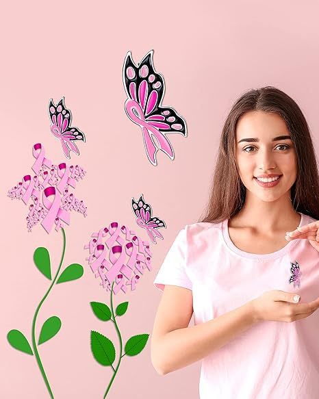 Image of Breast Cancer Awareness Pink Ribbon Rhinestone Brooch Pins, Faith Hope Love Fight Pray Lapel Pins, Pink Crystal Support Jewelry for Women