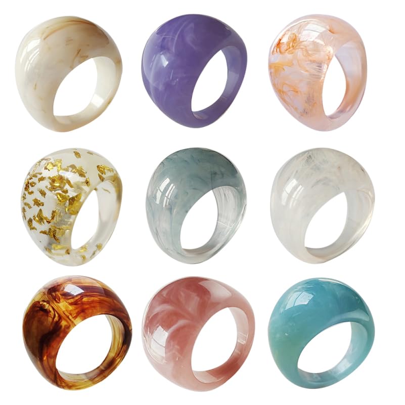 SUPVOX Lot de 9 Bagues en Résine Acrylique Multicolores - Anneaux Chunky Épais à Dôme Bombé...