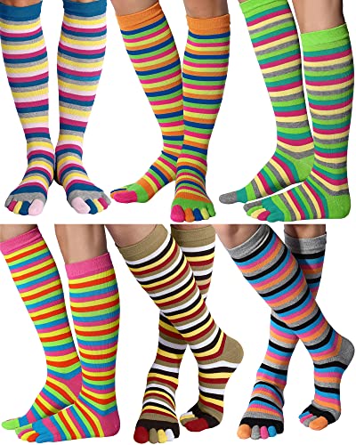 Bonuci 6 Pairs Rainbow Toe Socks Women Cotton Knee High Separated Striped Long LGBT Pride Sock