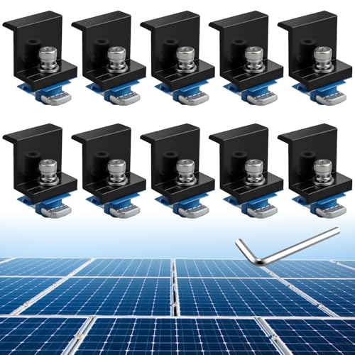 Anbte 10pcs Solar Panel End Clamp for Standard Unistrut Aluminum 1.57 Solar Panel Brackets with Nuts Bolts Solar Panel Mounting Kit for Metal Roof Tin Roof Flat Roof Sheet Roof RV Black