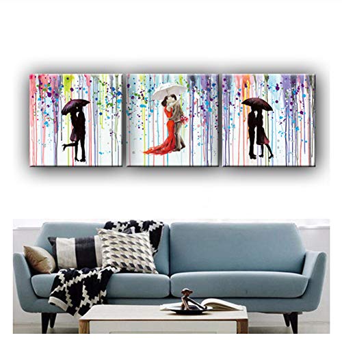 feitao Pintura De Los Amantes del Beso Romántico Bajo El Paraguas Cuadros De La Lona Arte De La Pared Pintura Al Óleo Pintada A Mano-20X20 Pulgadas Sin Marco 3 Piezas