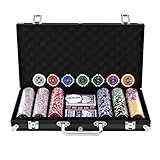 DREAMADE Poker-Set mit 300 Poker Chips, Pokerset Koffer Profi,Pokerkoffer aus Alu, Pokerspiel mit 1 Dealer Button, 5 Würfel und 2 Kartendecks (Schwarz)