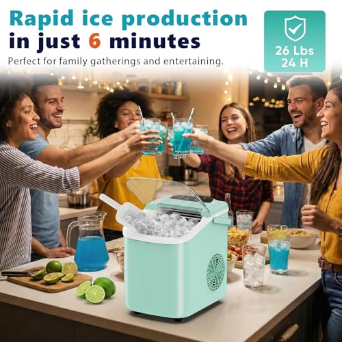 Image of Sweetcrispy Countertop Ice Maker with Scoop, Basket and Handle, Portable Ice Machine 9 Cubes Ready in 6 Mins, 26.5lbs in 24Hrs, 2 Sizes for Home Kitchen Office Bar Party