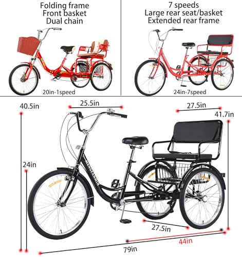 Triciclo para adultos de 24 pulgadas, 7 velocidades, tipo paseo, con canasto trasero amplio, para mujeres y personas mayores, carga máxima 550 lb miniatura 3