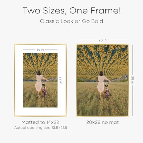 Image of Homeforia 20x28 Picture Frame Gold, High End Metal 20 x 28 Poster Frames with Mat 14 by 22 Photo, 20x28 Gold Frame Matted to 14x22 Print, 28x20 Large Hanging Frames, Tempered Glass, Wall Kit, Set of 2
