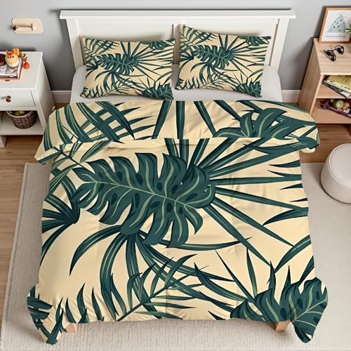 緑のヤシの葉 掛け布団カバー クイーン、マイクロファイバー掛け布団カバー3点セット、黄色 寝具、 柔らかい 通気性、肌に優しい 、洗い替え四季通用 洋式・和式兼用 。(210x210cm+2 枕カバー 43x63 cm)