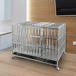 42 inch heavy duty dog crates for large dogs stainless steel indestructible large dog kennel indoor xl large dog crate cage with lockable rolling wheels double door and removable tray   cucciolini doodles