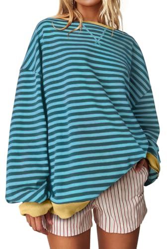 Image of UEU Women Oversized Striped Crewneck Sweatshirt Long Sleeve Color Block Pullover Tops Casual Loose Workout Shirt