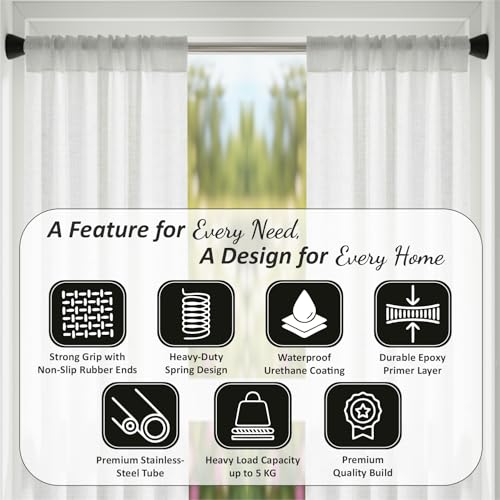 Image of JD FRESH 85 to 140 Cm Stainless Steel Extendable Curtain Rod Holder Without Drill /Shower Curtain Pipe /Window Curtain Rod for Home /Anti-Skid Spring Pull Rod for Bathroom /Wardrobe /Door - (Black)