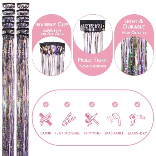 Image of WENNALIFE Hair Tinsel kit for Girls, Clip in Rainbow, 12PCS 24 Inch Hair Accessories for Women Clip in Colorful Glitter Tinsel Hair Fairy Girls Hair Accessories for Kids
