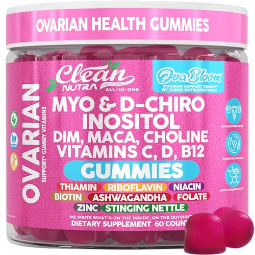 OVA Bloom Ovarian Support Gummies Myo Inositol D-Chiro Inositol Choline Flax Biotin Riboflavin Thiamin Niacin Ashwagandha DIM Maca Root Vitamin C D3 B12 Zinc 60 Count By Clean Nutra