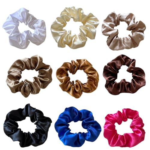 AEUXZA 9 Coleteros de Pelo de Satén, Scrunchies Grandes de Seda Efecto Brillante 10cm, Gomas de Pelo Mujer Elásticas y Suaves, 9 Elegantes Colores Mixtos, Accesorios para Damas y Niñas