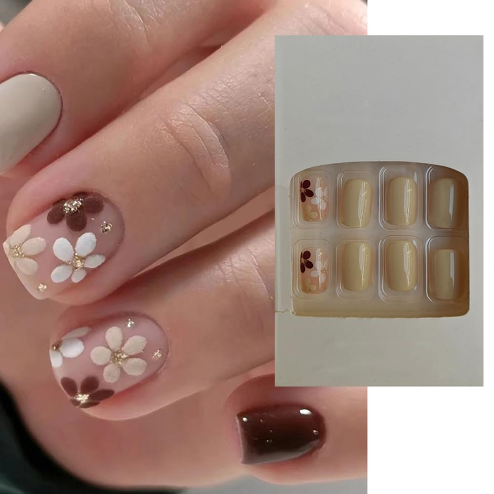 S.A.V.I 24 Pcs Short Natural Shape Press-On Fake Nails - Maroon & White Floral Design | Reusable False Nails Set for Women & Girls | Glossy Finish, Easy to Apply, Comfortable Fit | DIY Nail Art Kit-image-48