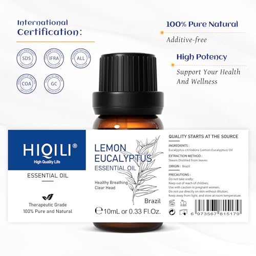 Image of HIQILI Lemon Eucalyptus Oil, for Spary, Diffuser, Indoors, Outdoors, Garden, Yard, 100% Pure Natural - 0.33 Fl Oz
